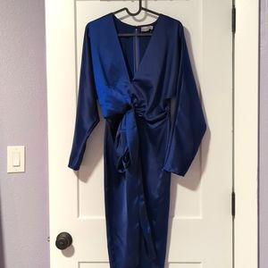ASOS DESIGN midi dress with batwing sleeve and wrap waist in satin